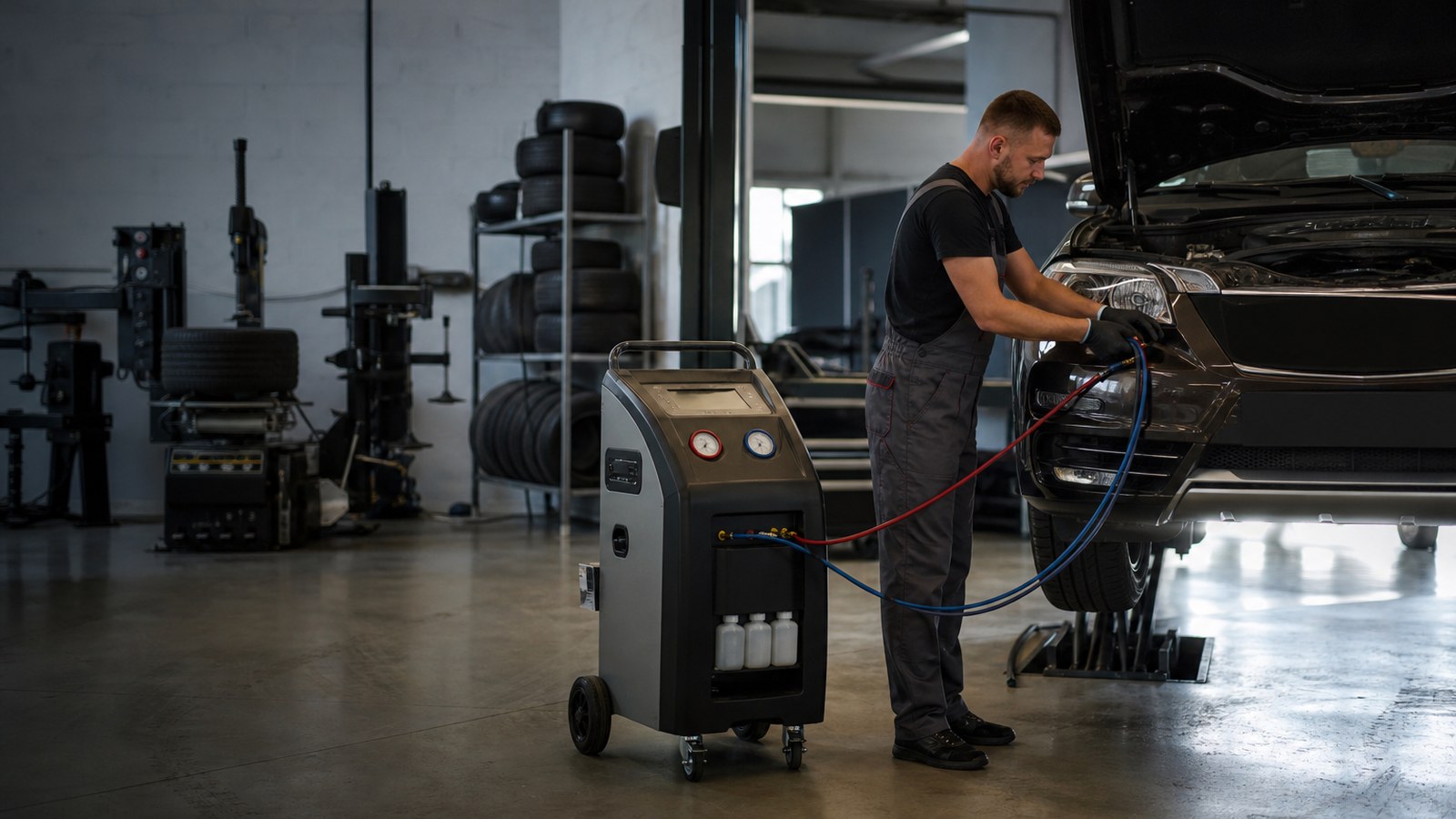 Mechanikas tikrina automobilio kondicionavimo sistemą šalia padangų įrangos