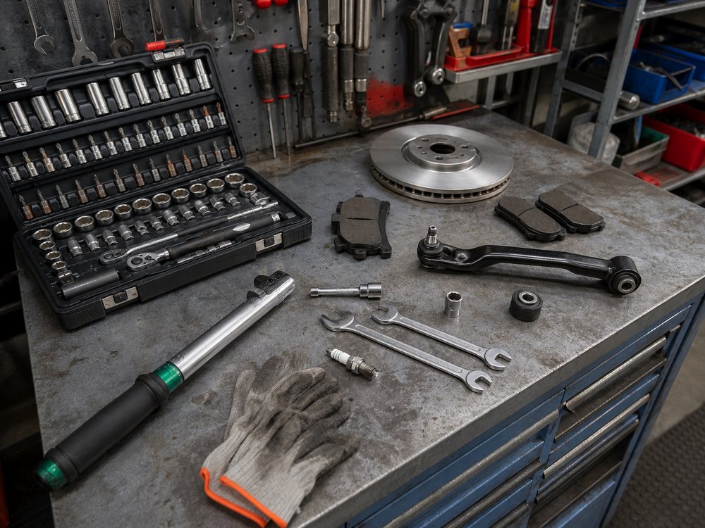 Tvarkingai sudėti autoserviso įrankiai
